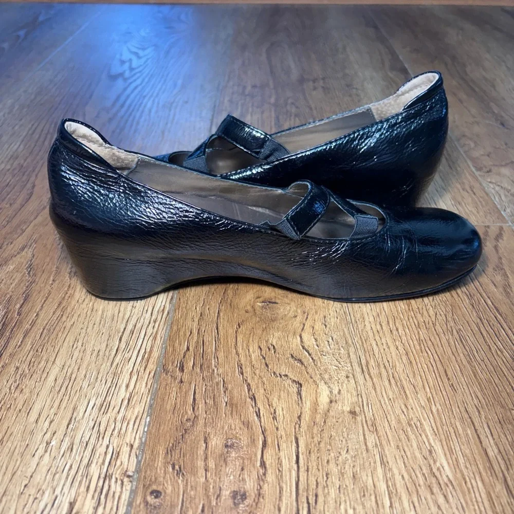 Josef Seibel Black Patent Leather Crisscross Mary Jane Wedge Shoes US 7.5 /EU 38